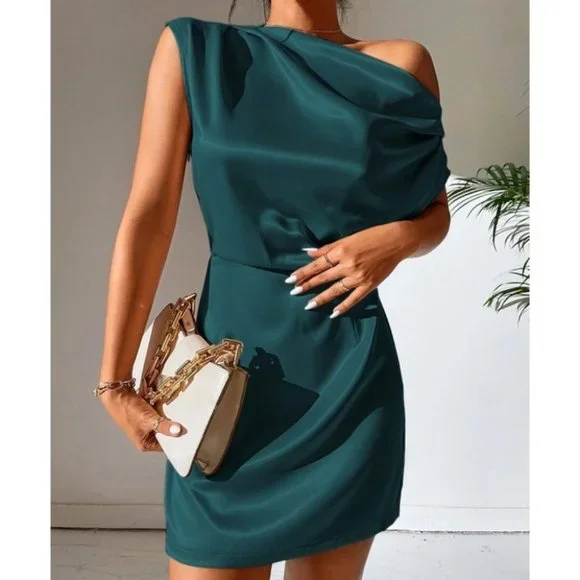 navy blue dress for baby girl Satin Asymmetrical Pleated Mini Dress